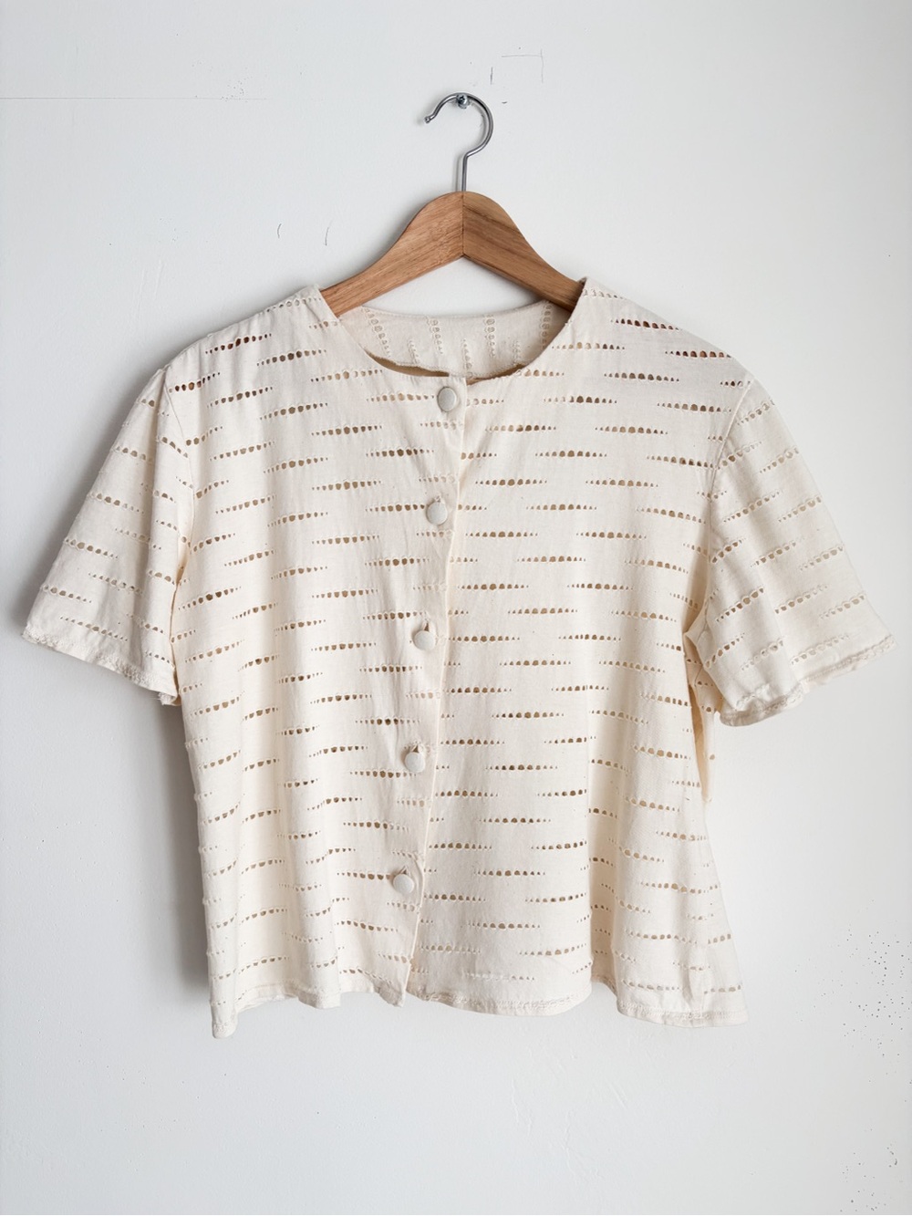 Vintage AGMIR Women’s Cream Eyelet Button-Up Top, Size L - Made in Europe